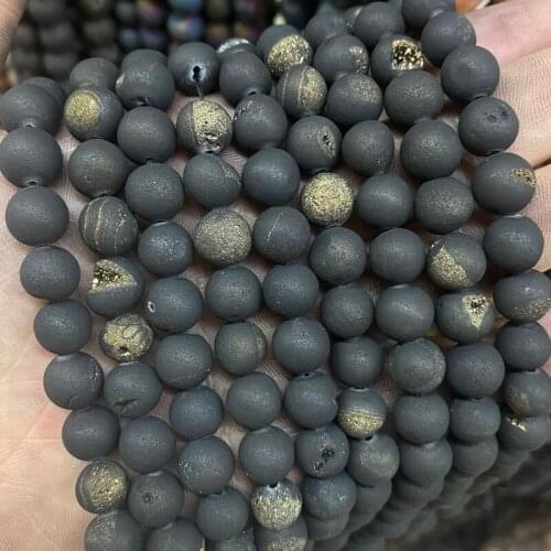 Natural Agate Stone Beads Round Black Druzy Agate Beads 6-12mm Pick Size Loose Gemstone Beads For Jewelry Making Bracelet 15