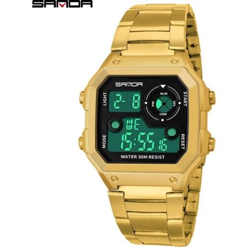 Sanda Brand Stainless Steel Belt Waterproof Multi-function LED Mens Watches Sports Square Electronic Men Watch Bayan Kol Saati