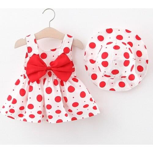 Children Clothing Set Summer Baby Girls Beach Princess Dresses Sleeveless Bow Polka Dot Toddler Skirt Infant Straw Hat Outfits