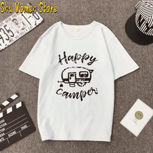 Happy Camper Print Women Tshirts Ladies Female Tops Woman Clothing Short Sleeve Loose Harajuku Graphic Tee Shirt Ropa Mujer