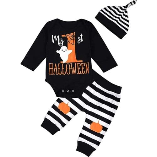 3Pcs Newborn Infant Baby Boys Clothes Halloween Catoon Letter Print Romper +Stripe Long Pants+Hat Outfits 3 6 12 18 Months