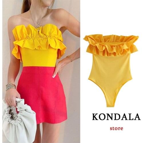 KONDALA Women Chic Yellow Ruffles Sleeveless Swimwears Za 2021 Summer Sexy Solid Beach Tops Mujer Casual Beach Swim Wear