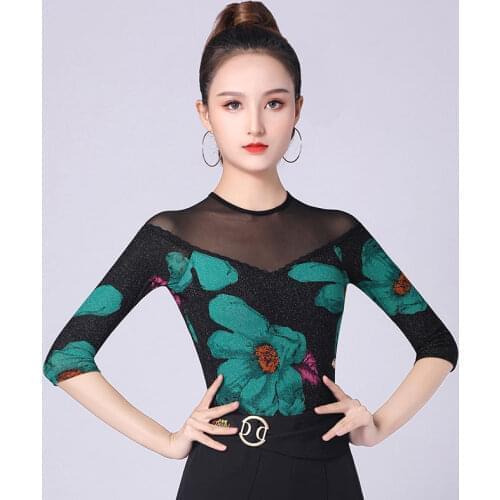 Latin Dance Costumes 2021 New Mid-Sleeve Mesh Modern Waltz Tops Womens National Standard Dance Costumes Net Red Latin Clothes