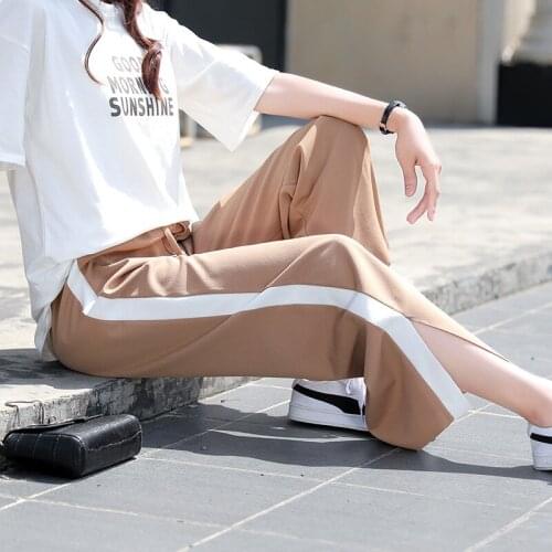 Summer Women Pantalones Tie Wide Leg Striped Pants Female High Waist Slit Thin Chiffon Pants Plus Size Casual Ladies Trousers