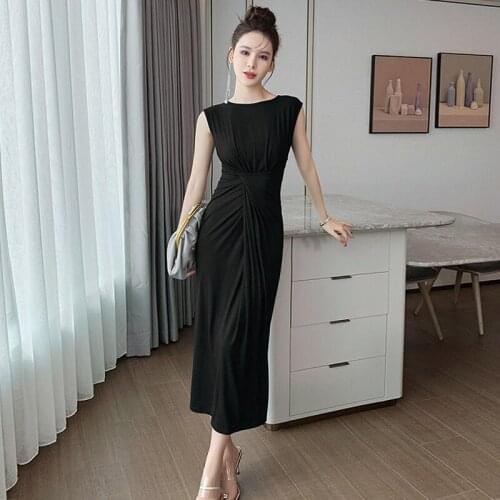 Fashion Summer Coffee Break Casual Maxi Party Dress Ladies Streetwear Elegant Robe Sleeveless Folds Black Beach Vacation Dress