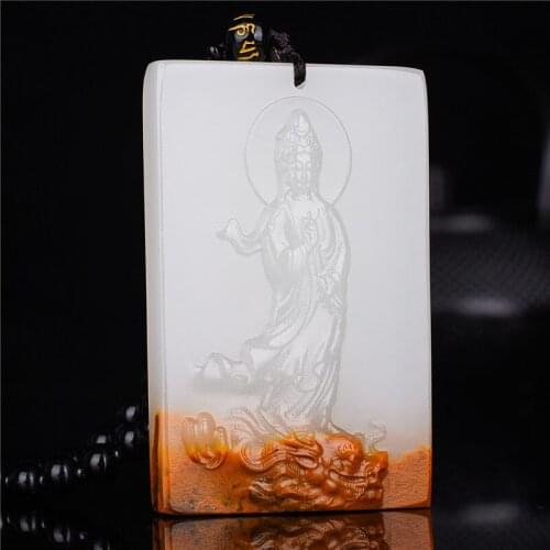 Hetian jade Guanyin jade pendant male seed material Huangqin skin jade pendant Yulong Guanyin pendant Baoping jade brand