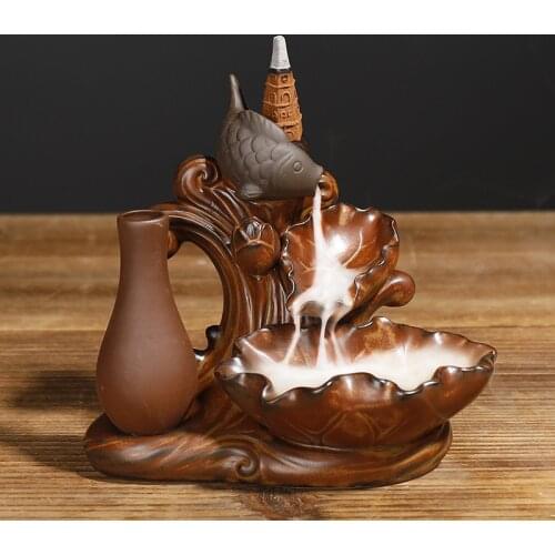 Retro Ceramic Backflow Incense Burner Smoke Waterfall Cone Censer Artificial Flower Vase Zen Decoration for Home Christmas Gifts