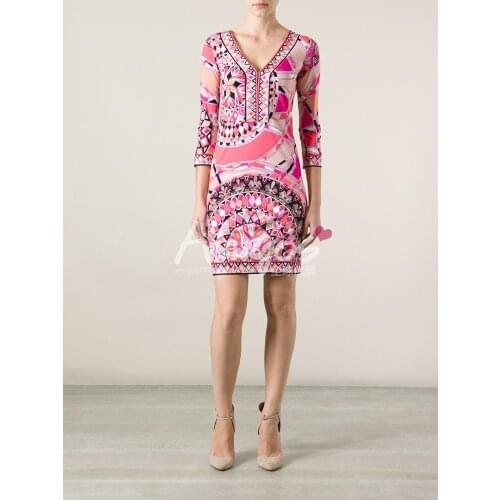 Autumn fashion and Italian fashion temperament geometric printed SILK JERSEY 7 minutes of sleeve knitting slim clothes