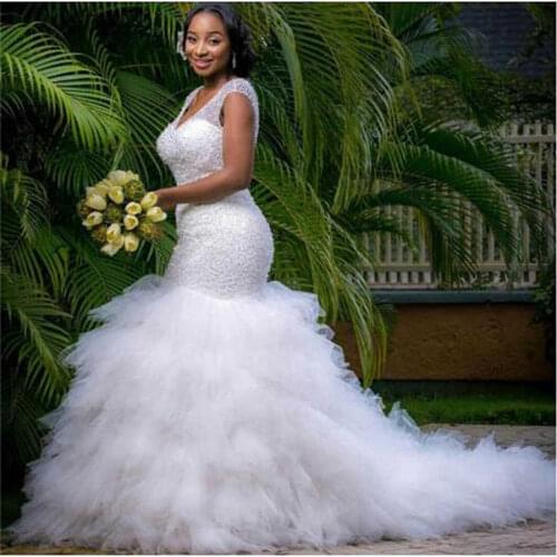 African Style Sequin Beading Mermaid Plus Size Wedding Dress for Black Girl Ruffles Tulle Bridal Gown