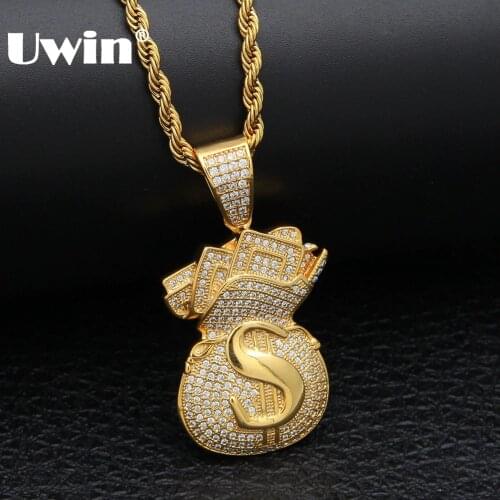 Uwin US Money Bag Necklace Pendant Full Bling Cubic Zirconia Iced Out Gold Chains Silver Color Hiphop Jewelry For Men