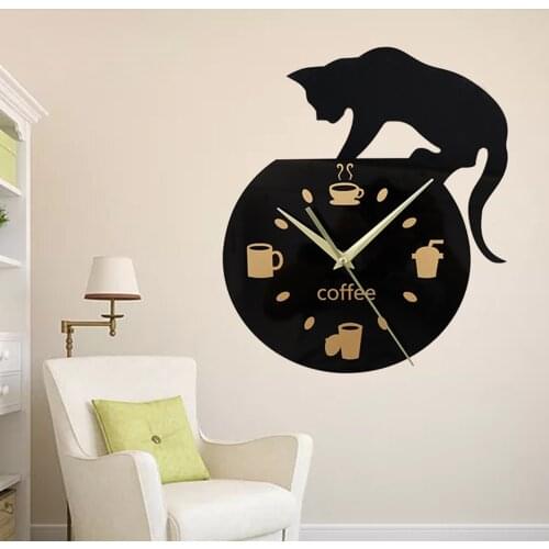 Mirror Surface Sticker Wall Clock Cat Design DIY Living Room Bedroom Classroom Decoration