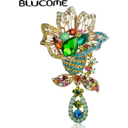 Blucome Shining Big Green Flowers Brooches For Women Vintage Crystal Brooch Corsage Women Sweater Hats Scarf Suit Jewelry Pins