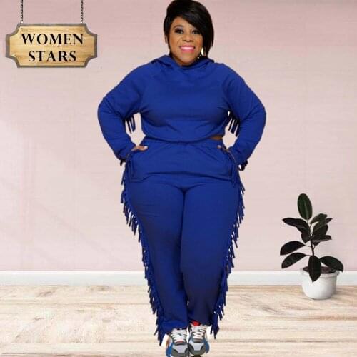 Plus Size Women Fall Clothing Wholesale Hoodie Sweatsuit Solid Long Sleeve Tassel Casual Tracksuit Two Piece Set Dropshipping