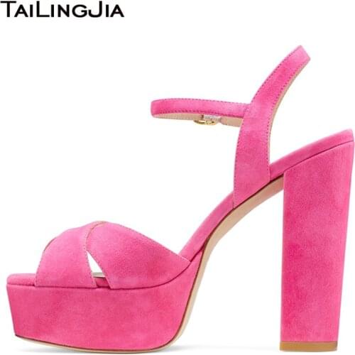 Black Peep Toe Chunky Heel Platform Sandals Womens Silver Ankle Strap High Heels Ladies Block Heel Pink Summer Shoes Large Size