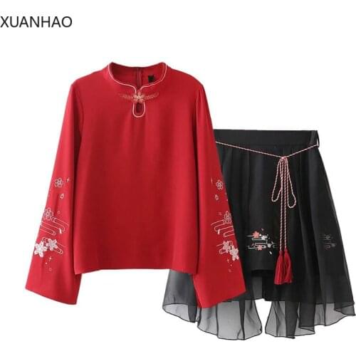 XUANHAO S-XL 2 Pieces Set Women Chinese Style Floral Embroidery Long Sleeve Red Blouse And Mesh Skirt Women Clothing Sets
