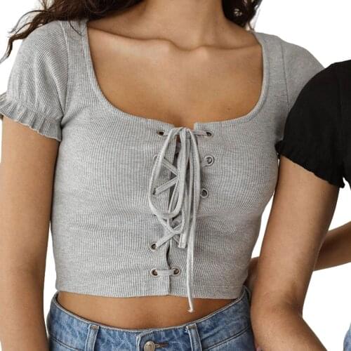 Women’s Casual Short Sleeve Cardigan Fashion Solid Color Front Bandage Exposed Navel T-shirt