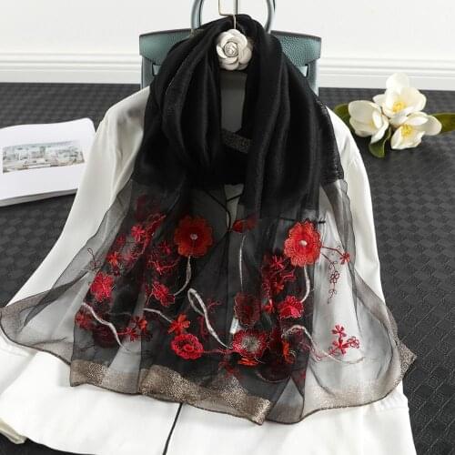 Real Silk Wool Scarf Floral Embroidery For Women 2020 New Winter Scarves Shawls Hijab Wraps Pashmina Bandana Hijab Poncho