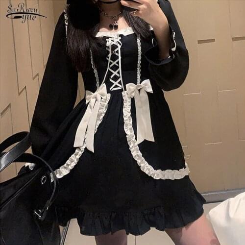 Japanese Style Gothic Lolita Dress Women Girl A-line Slim Black Summer Dresses Bandage Vintage Kawaii Mini Dress Vestido 13260