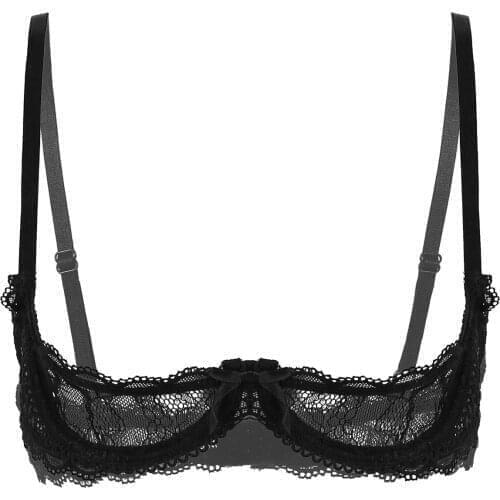 Women See Through Sheer Lace Sexy Lingerie Adjustable Straps Open Cups Push Up Underwired Bra Tops Erotic Transparent Underwear