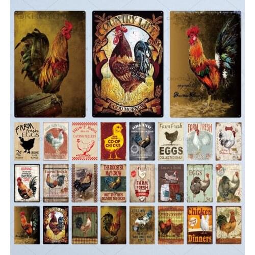 Chicken Tin Sign Vintage Shabby Chic Farm Fresh Eggs Metal Plaque Farmhouse Decoration Wall Decor Rooster Iron Poster (20x30cm)