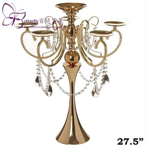 27 "tall gold metal candelabra chandelier wedding centerpiece with acrylic chains and big teardrops
