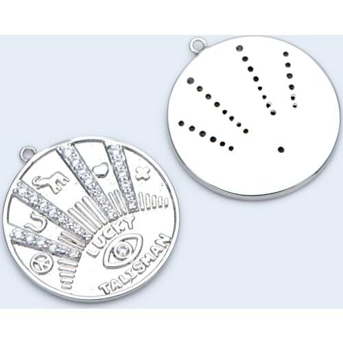 4pcs CZ Paved Silver Talisman Charm 20mm, Rhodium plated Brass, Round Coin Disk Pendants for Jewelry Making Finding (GB-1499-2)