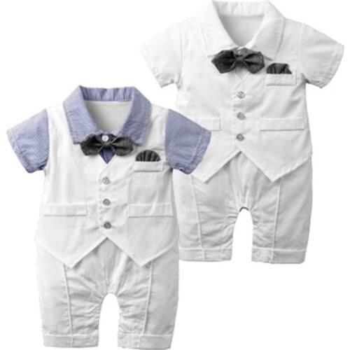 New born boy romper gentleman bow tie short sleeve summer clothes wedding party costume newborn baby jumpsuit white 2019 blue