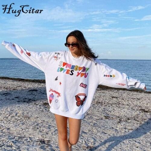 Hugcitar 2021 Autumn Winter Cartoon Print Women Long Sleeve Sweatshirt Loose Oversized Streetwear Casual Outfits Elegant Wear