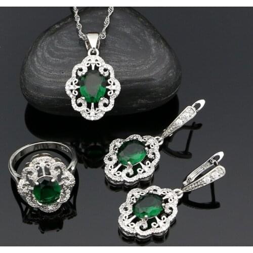 925 Silver Jewelry Sets Green CZ White Crystal Jewelry for Women Drop Earrings/Pendant/Rings/Necklace Set