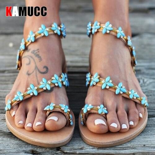 Summer Flat Sandals Sweet Boho Pearl Decoration Sandals Women Beach Sand Holiday Shoes Leather Flats Plus Size