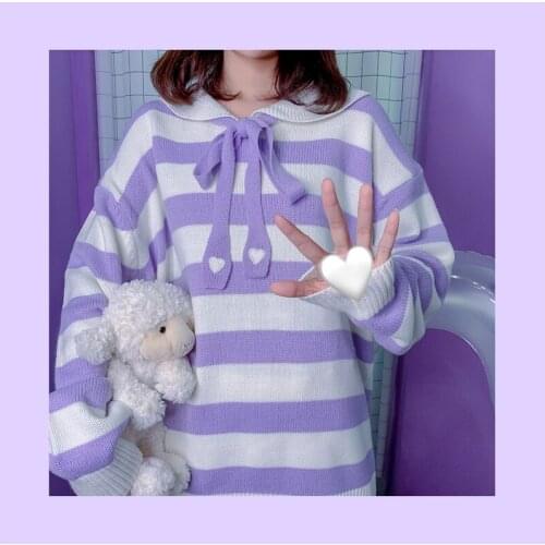 Hearts Cute Womens Knitted Sweater Striped Pullovers Long Sleeve Fall,Winter Sweaters Cute Girls Loose Color Purple