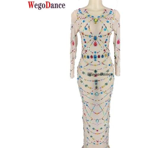 New Sexy Dance Costumes Women Rhinestones Transparent Long Dress Bar Diamond Birthday Party Mesh See Through
