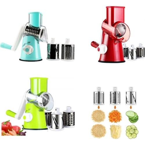 2019 Vegetable Slicer Cheese Grater Rotary Rotary Drum Grater 3-Blades Manual Vegetable Mandoline Chopper with Suction Cup