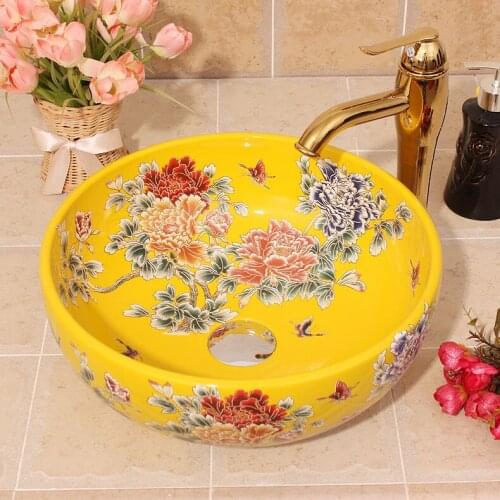 China Painting Yellow peony Ceramic Painting Art Lavabo Bathroom Sinks antique ceramic wash basin