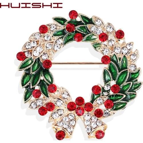 HUISHI Christmas Wreath Brooch Colorful Enamel Coated Lovely Fawn Wreath Garland Brooch Pin Red Crystal Stone Santa Claus Gift