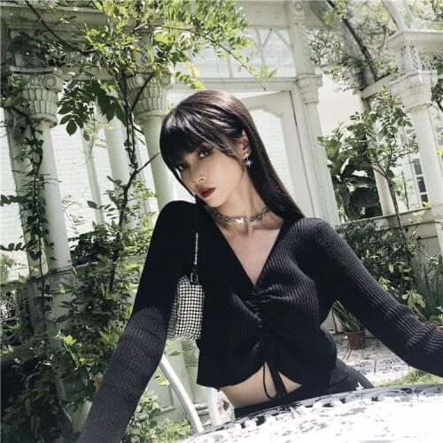 Ruibbit New Spring Autumn Black Women Gothic Knitting Harajuku Punk Vintage V-Collar Long Sleeve Slim Top lace up