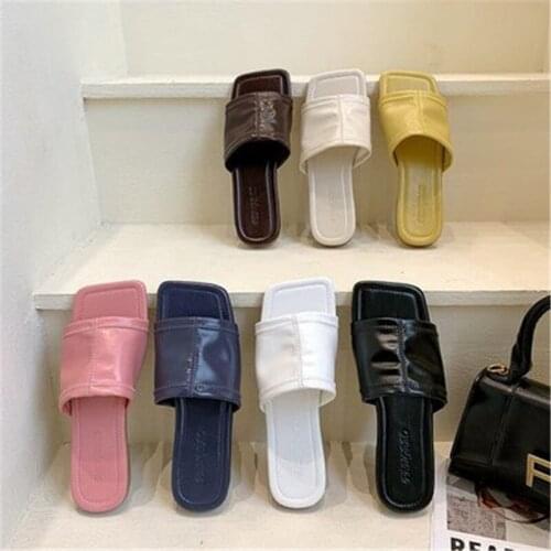 Womens Slippers Womens Square Toe PU Leather Slippers Womens Summer Flat Sandals Plus Size Flat Sandals