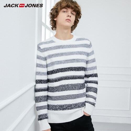 JackJones Mens Warm Contrasting Striped Round Neckline Woolen Knit Sweater|219325504