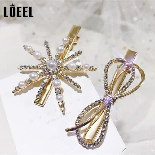 LOEEL Fashion Pearls Barrettes Rhinestone Hair Clip Bow Hair Grips Elegant Snowflake Hairpin Ornament Hair Accessories For Women