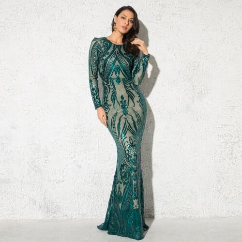 Green Sequined Evening Party Dress Long Sleeve O Neck Floor Length Stretch Maxi Dress