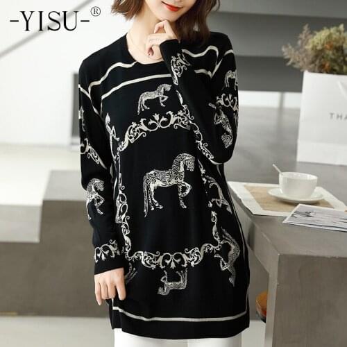 YISU Knitted Sweater Women Pullovers O-Neck Long sleeve Autumn Winter Fashion Horse pattern Printed Jumper Women long Sweaters