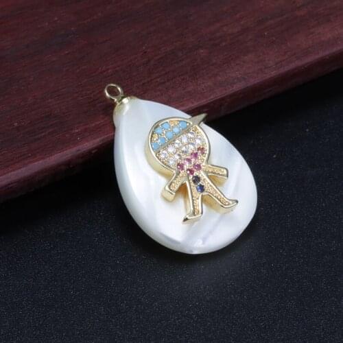 Gold kid boy statue micro rainbow clear cz glass paved charm white water drop shell pendant choker necklace for women 2020 gift