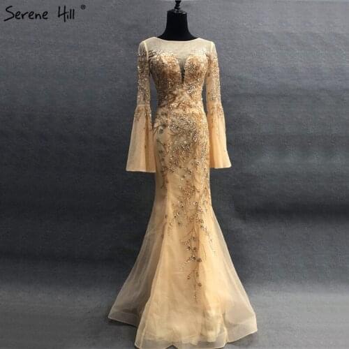 Gold Dubai Design Luxury Sexy Evening Dresses 2020 Diamond Beading Long Trumpet Sleeves Evening Gown LA6553