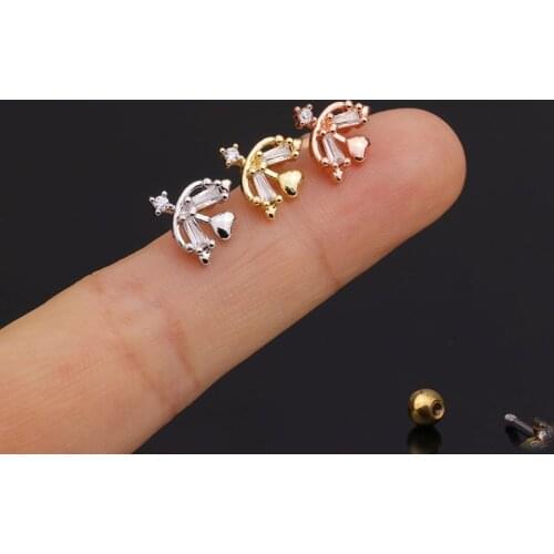 1 PCS Cute Small Zircon Bow Arrow Shape Ear Cartilage Piercing Stud Earring Gold Color Stainless Steel Bar Ball Helix Earring