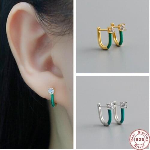 Aide 925 Silver U Shape Earlobe Buckle Hoop Earrings Cute Geometric Small Zircon Green Circle Earring Jewelry Women Gift Aros