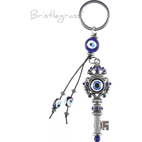 BRISTLEGRASS Turkish Blue Evil Eye Rhinestone Crown Keychain Key Chains Ring Holder Amulets Lucky Charm Pendant Blessing Protect