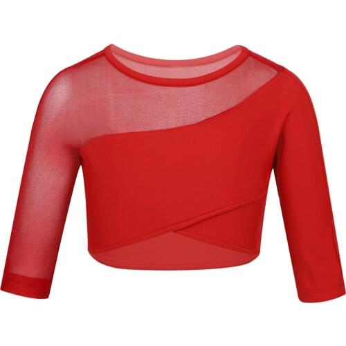 Children Kids Girls Clothes 3/4 Sleeves Asymmetrical Tops Dance Crop Top For Ballet Dance Stage Performance Gymnastics Workout