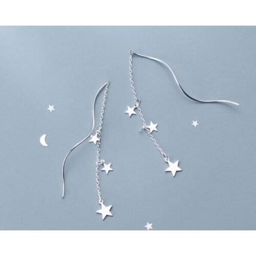 Authentic Real 100% 925 Sterling Silver fine Jewelry Stars Twist Waterwave pull Through earrings Long GTLE2384