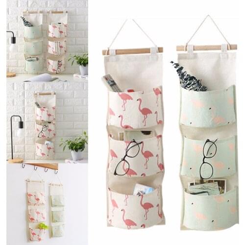 Linen 3 Layer Flamingo Storage Bag Linen Wall Hanging Storage Bag 3 Pockets Wall Mounted Wardrobe Hanging Bag Cosmetic Toys Orga