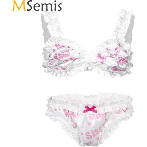 Mens Sissy Crossdresser Erotic Lingerie Sexy Suit Hem Ruffled Frilly Wire-free Unlined Bra Top and Briefs Crossdress Underwear